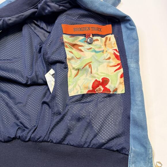 Brogden Track Jacket Mens Large Blue Leather Bomber Raglan Two-Way Zip Rib Knit - Picture 10 of 16